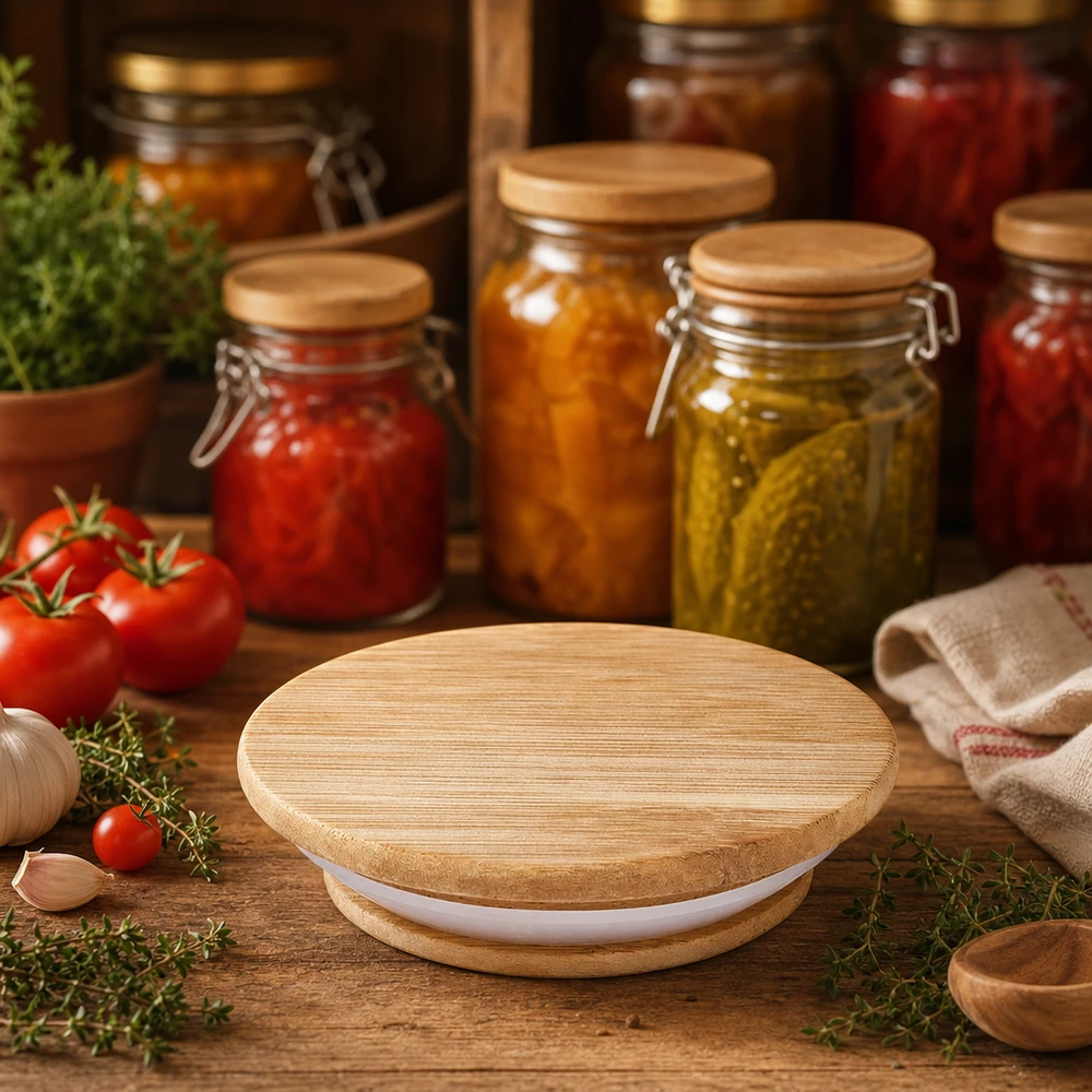 Tapa de madera (haya) sin impresión para WECK RR80 Tapa de madera WECK RR80 en cocina rústica con tarros de conservas tomates pepinos y hierbas frescas escena de estilo de vida