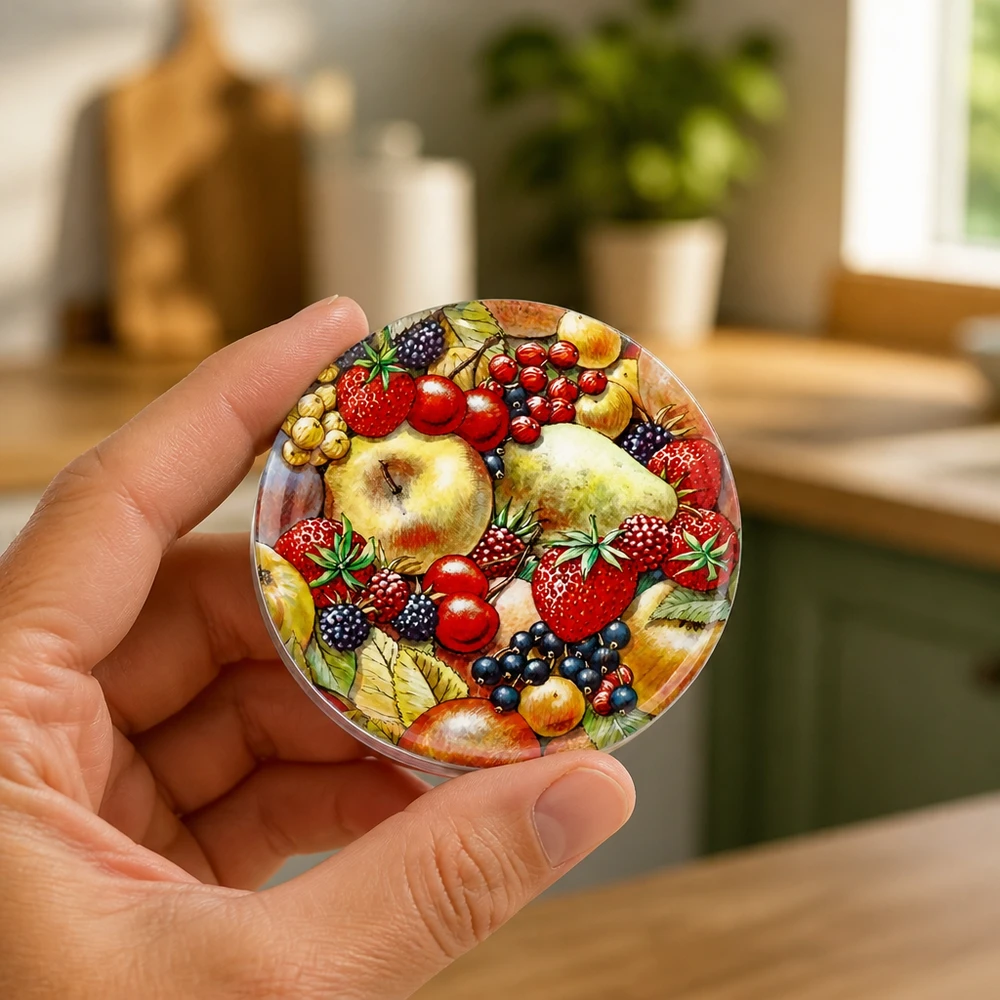 Tapa BasicSeal de 82 mm con diseño de frutas (TO82) UNiTWIST Tapa de rosca de 82 mm con diseño de frutas (bayas, peras y moras) de BasicSeal