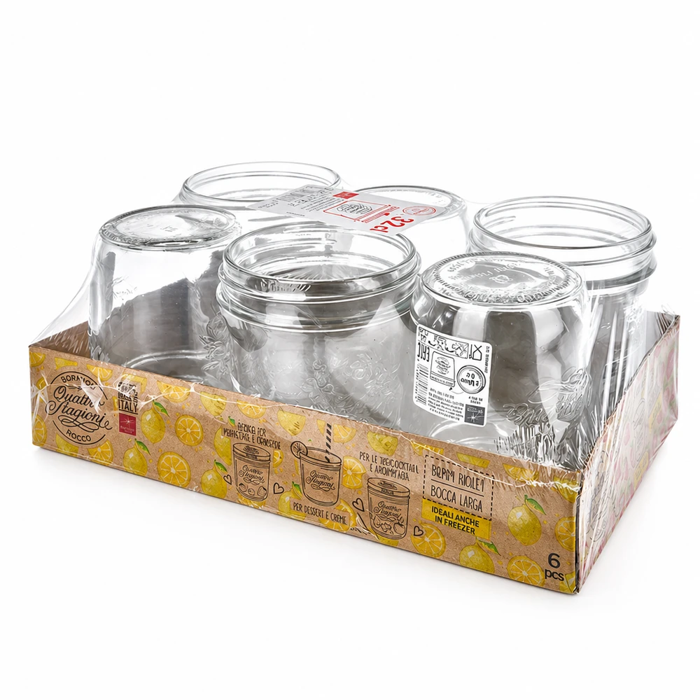 Vaso "Quattro Stagioni" 320ml QS86mm Juego de 6 vasos Quattro Stagioni de 320 ml con tapa de rosca en envase de venta para conservas y enlatado