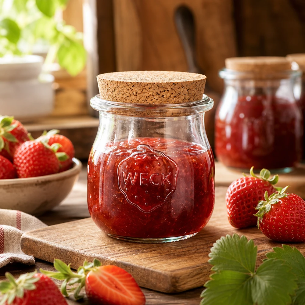 WECK tarro tulipán 75ml con corcho lleno de mermelada de fresa sobre tabla de madera rodeado de fresas frescas Escena de cocina