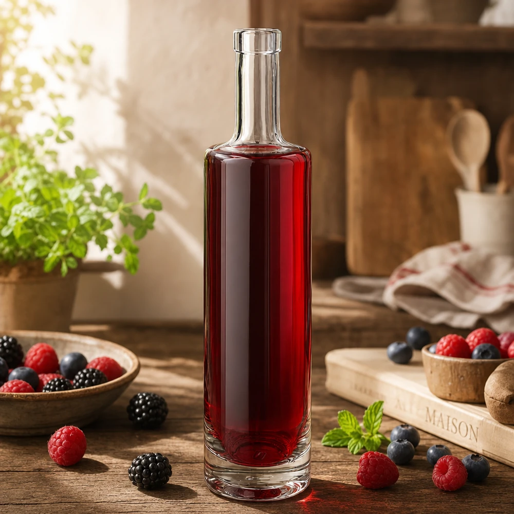 Botella de vidrio de 500 ml «Lina» sin tapón UNiTWIST® 500ml Glasflasche Lina mit rotem Beerensaft in rustikaler Küche umgeben von frischen Beeren und Holzaccessoires