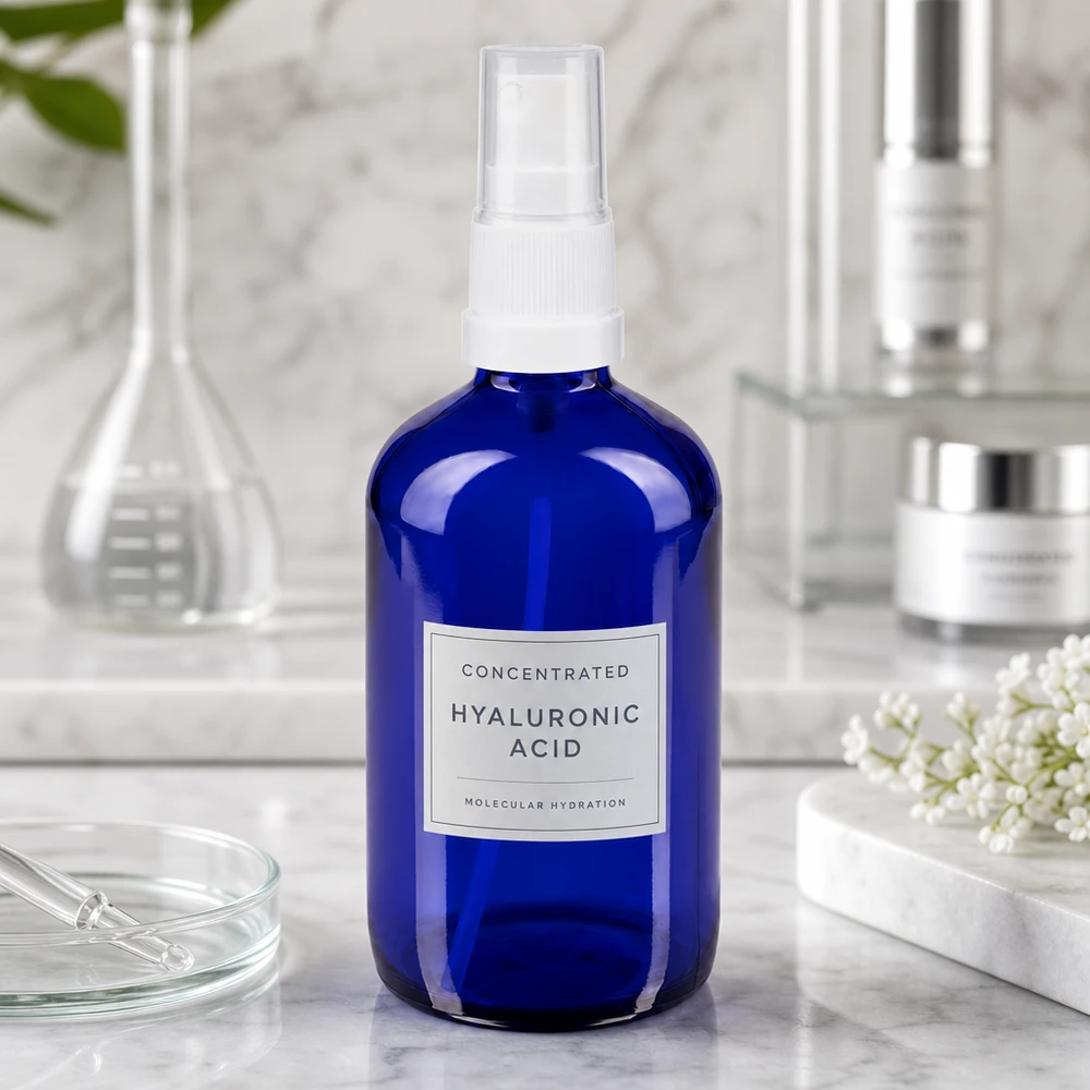 Frasco pulverizador STD azul de 100 ml con dosificador blanco, lleno de sérum de ácido hialurónico sobre fondo de mármol