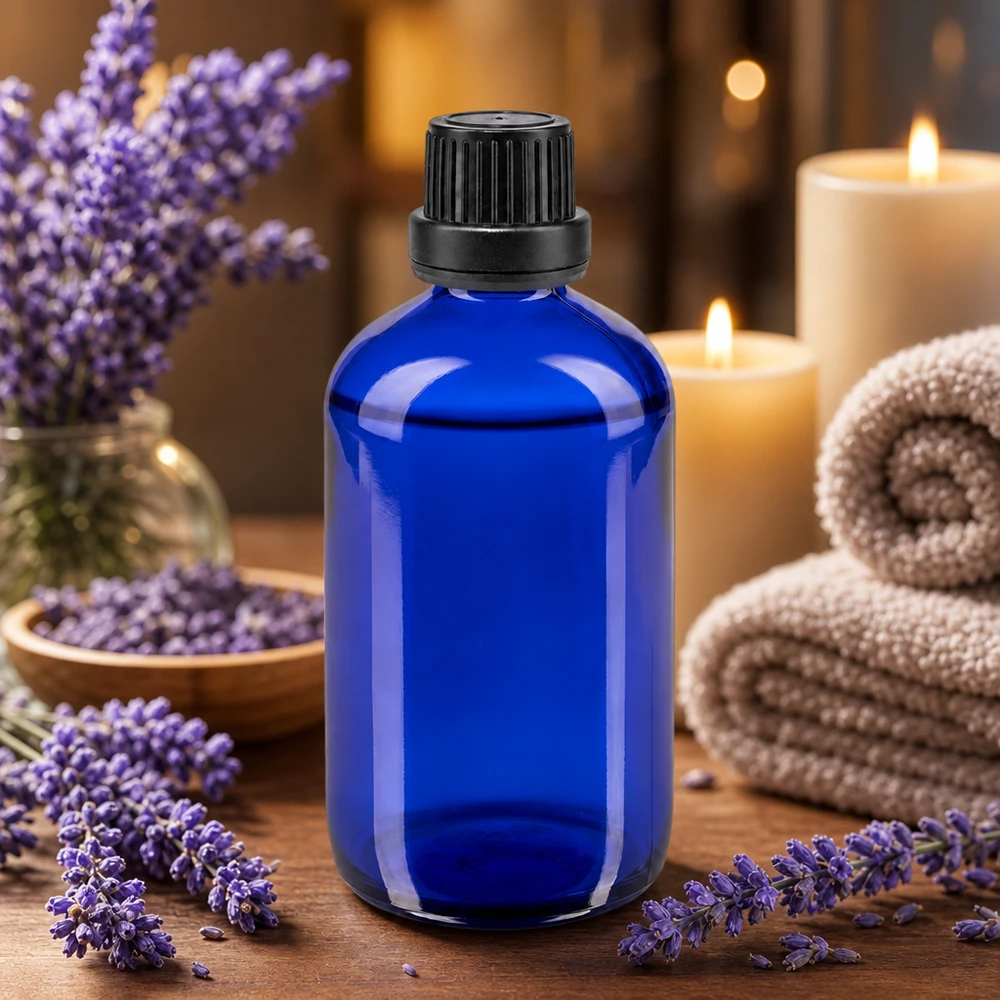 Botella de farmacia azul 100ml tapón de rosca negro cierre inviolable Frasco de cristal azul de 100 ml con tapón de seguridad negro para aceites esenciales