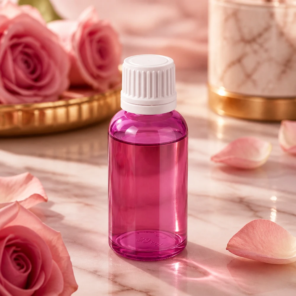 Frasco pequeño de 30 ml con diseño PurpleLine y tapón blanco para productos de belleza y bienestar