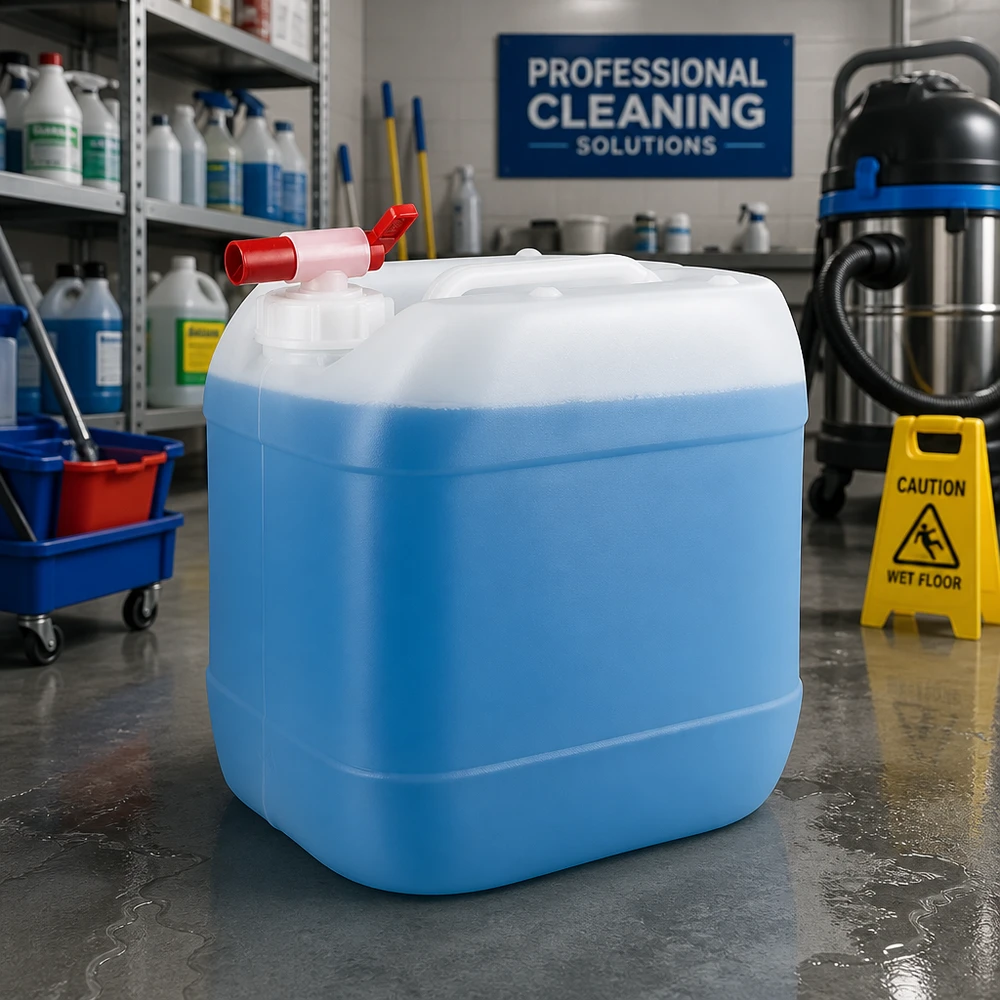 Bidón azul de 15 litros con grifo de salida rojo en un entorno profesional de almacenamiento de productos de limpieza