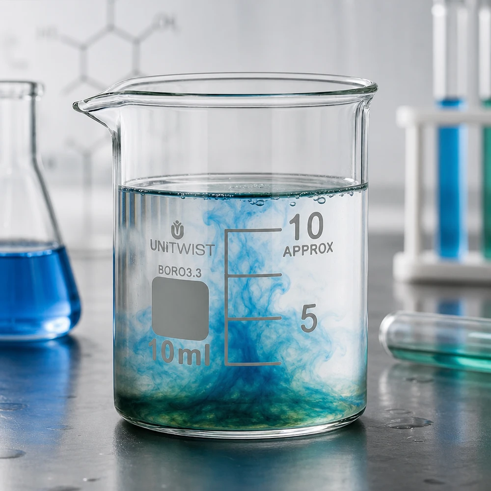 Vaso de precipitados UNiTWIST de 10 ml, de borosilicato 3.3, de perfil bajo, con reacción azul-verde en el laboratorio
