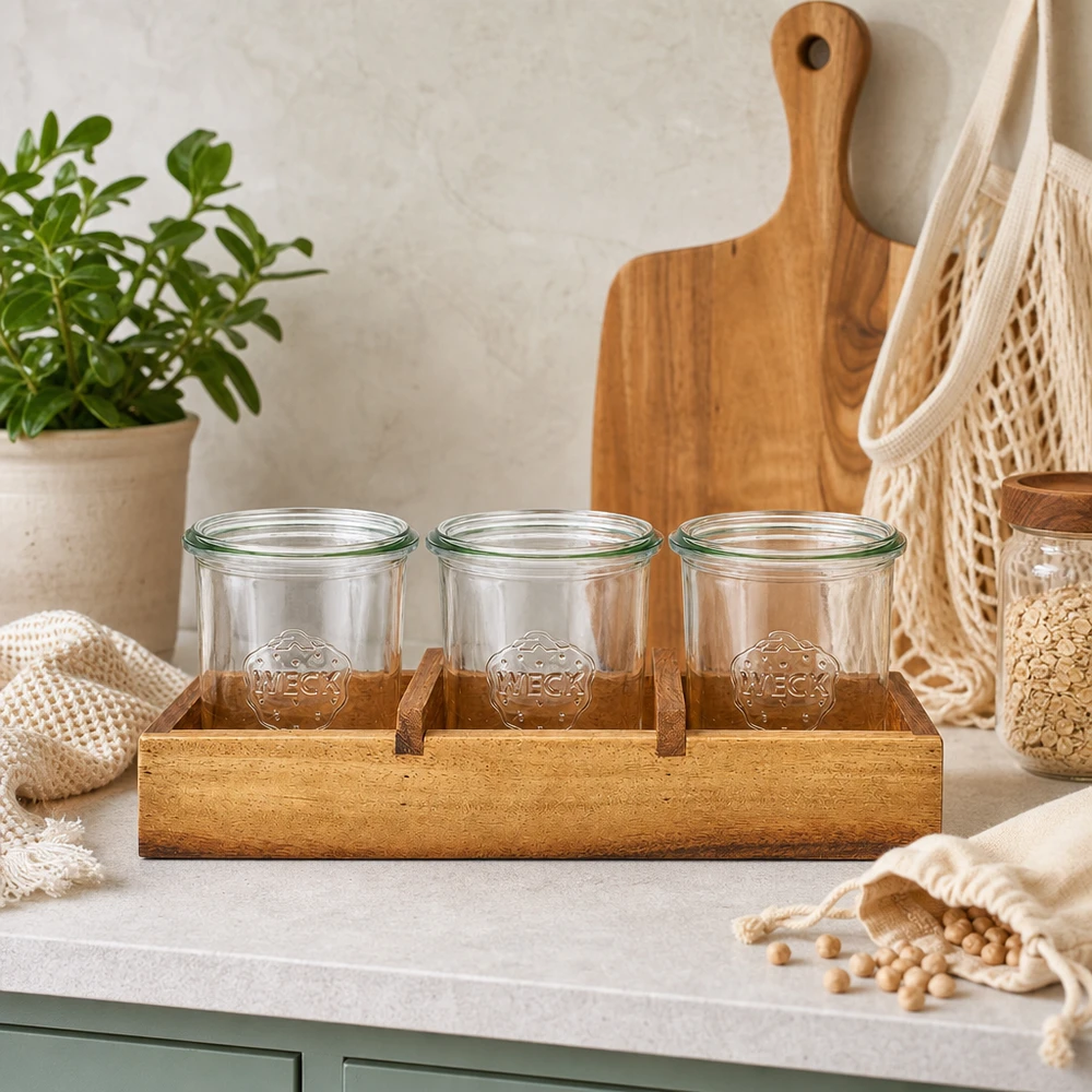 Bandeja de servir Box3 de madera de acacia para 3 vasos WECK. Tabla de servir Box3 madera de acacia tres tarros vacíos WECK escena de cocina con planta tabla de cortar tarros de almacenamiento natural