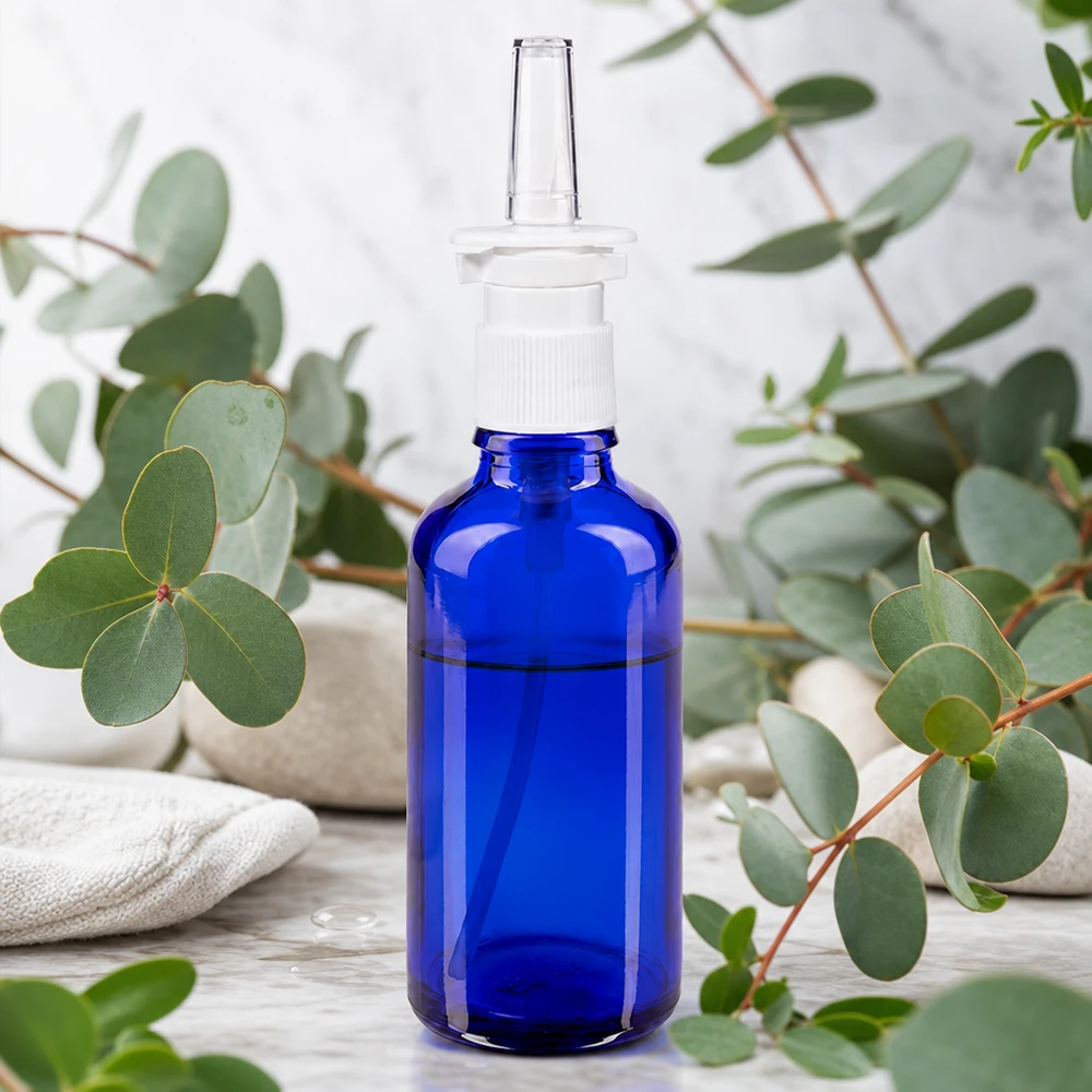 Frasco azul de 50 ml para spray nasal, de cristal de farmacia, con decoración de eucalipto en un ambiente de spa