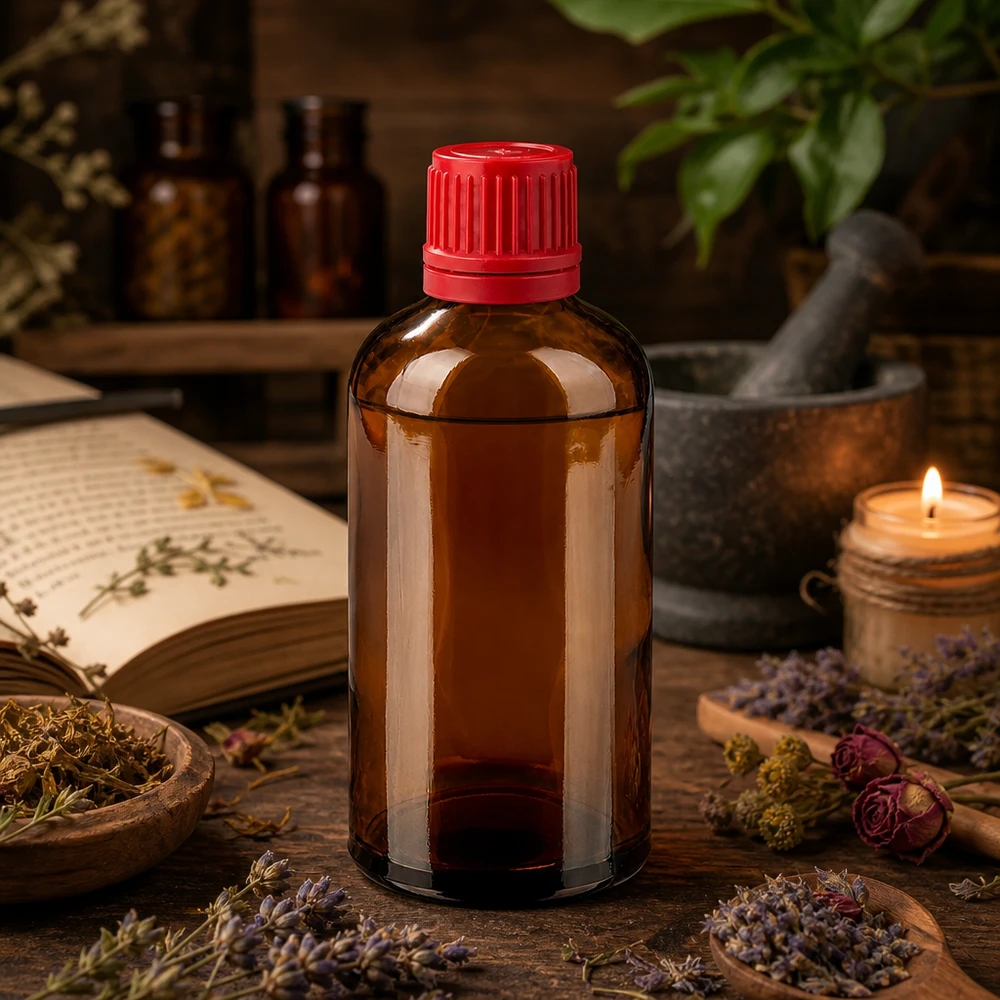 Botella 100ml tapón rosca 11mm rojo cierre inviolable BrownLine UT18/100 Frasco de vidrio ámbar de 100 ml con protección UV y tapón rojo para sustancias fotosensibles