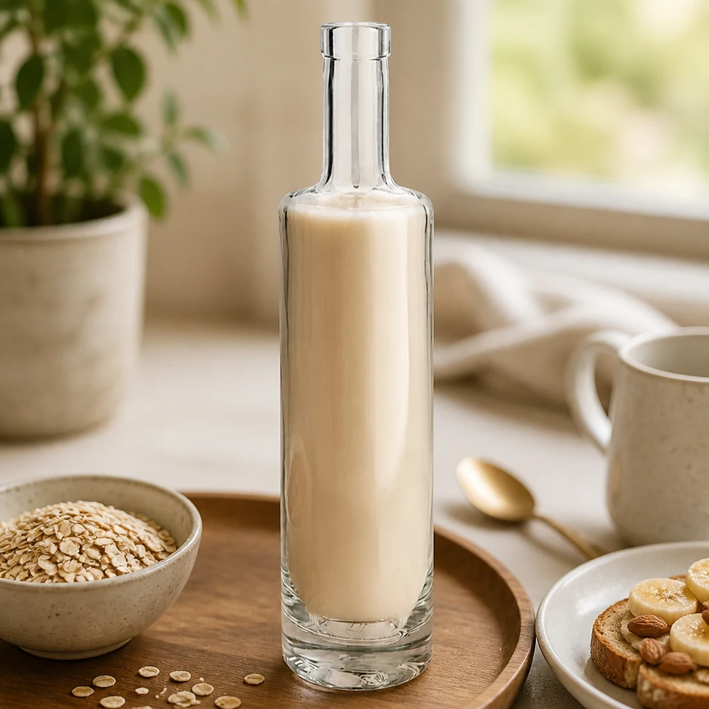 Botella de cristal de 500 ml de Lina rellena de leche de avena en un elegante ambiente de cocina con copos de avena y foto de desayuno 3