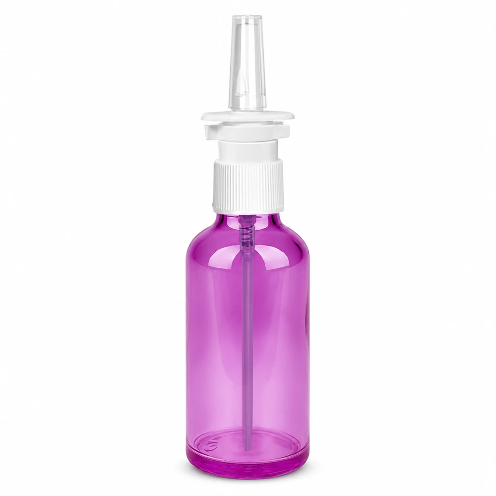 Frasco pulverizador nasal de 50 ml blanco/transparente estándar PurpleLine. UT18/50 Frasco pulverizador nasal de 50 ml de color púrpura transparente con cabezal pulverizador blanco para aplicaciones nasales