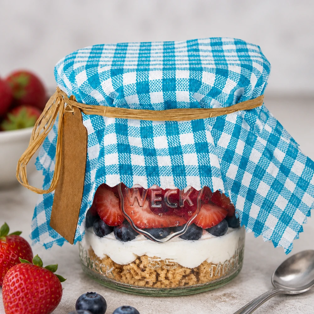 Alfombra de joyería de tela a cuadros turquesa cuadrada de 15 cm Türkis-kariertes Stoff Schmuckdeckchen auf Dessertglas mit Beeren-Schichtdessert und Raffiabast-Verschluss dekoriert