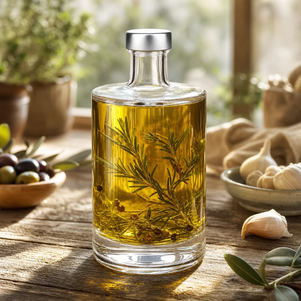 500ml botella de vidrio Sam lleno de aceite de hierbas de romero entre las aceitunas de ajo escenario de la cocina mediterránea