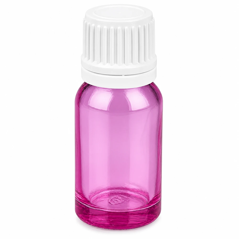 Frasco de vidrio de 10 ml con tapón de rosca blanco de color morado para aceites esenciales