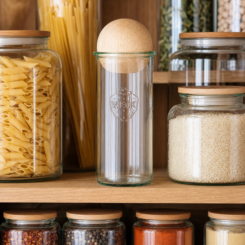 WECK RR100 vasos 1500ml en una despensa junto a la pasta y el arroz, tapa de madera de haya bola visible
