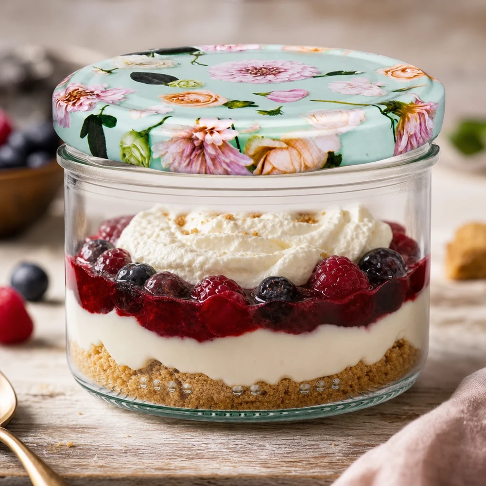 Tarro cilíndrico de 230 ml + tapa BasicSeal flor menta 230ml Zylinderglas mit BasicSeal Deckel Blume mint für Desserts - Schichtdessert mit Beeren und Sahne im Vorratsglas