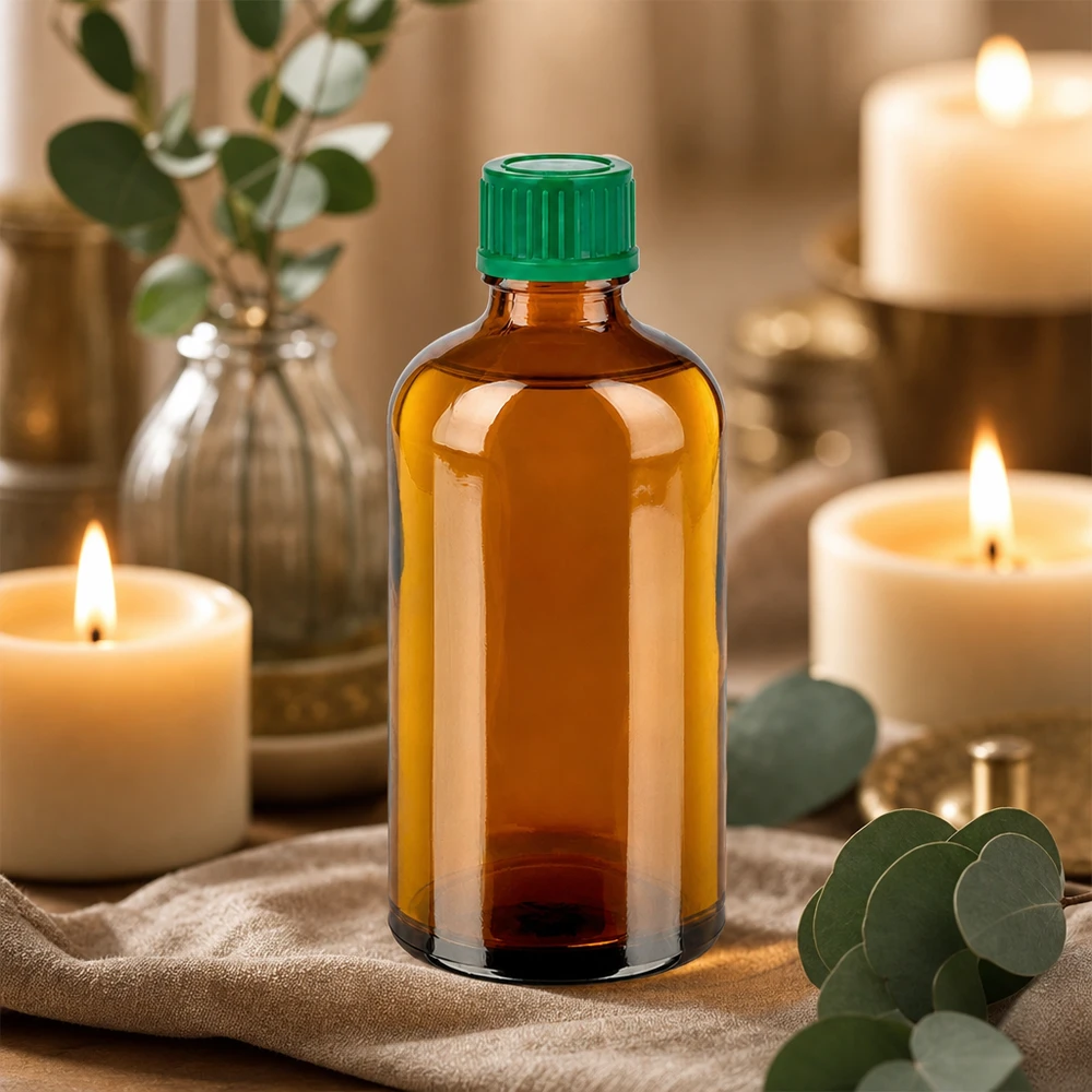 Frasco de vidrio ámbar de 100 ml con tapón verde ideal para aceites esenciales y aromaterapia