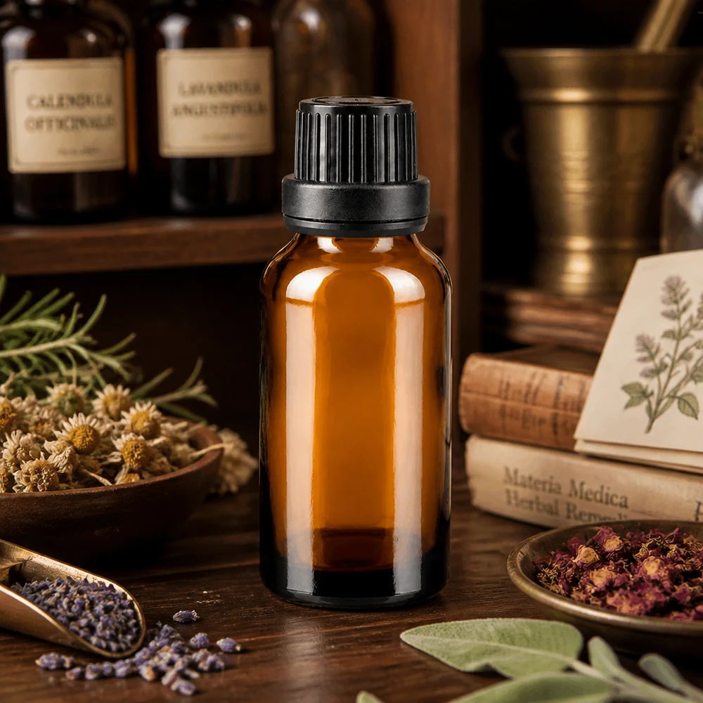 Pequeña botella de cristal marrón de 20 ml con tapón negro, rodeada de hierbas secas y plantas medicinales