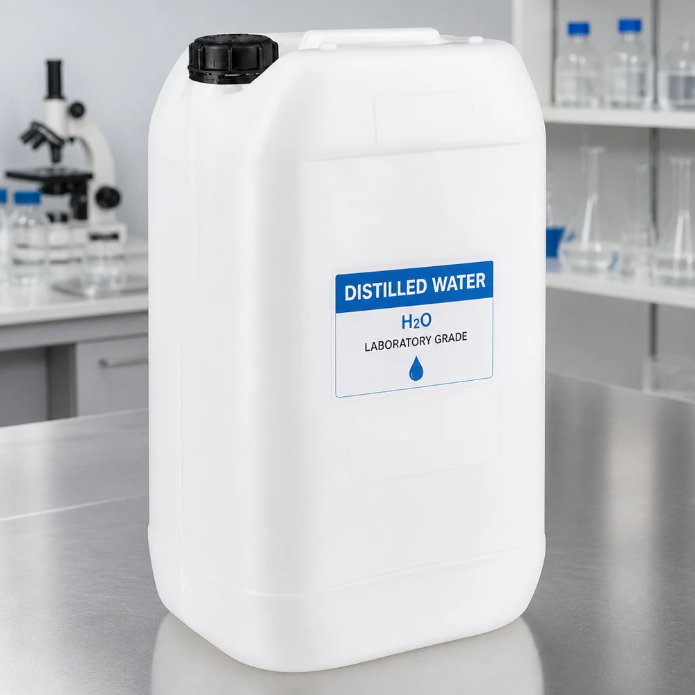 Bidón de 15 litros con tapón de rosca a prueba de manipulaciones Bidón de laboratorio de 15 litros lleno de agua destilada (H₂O) en un recipiente de HDPE blanco