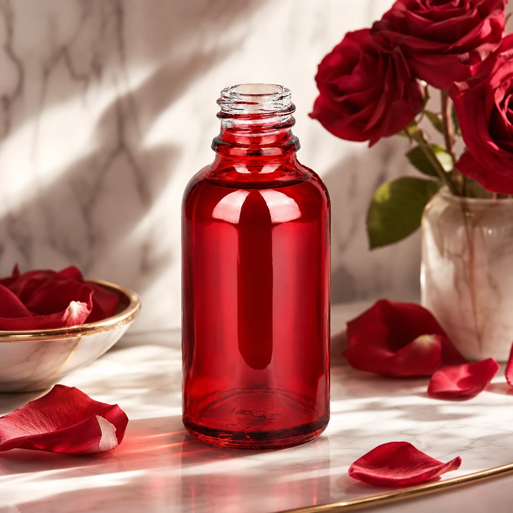 RedLine UT18/30 Botella de vidrio UNiTWIST de 30 ml en elegante color rojo para aplicaciones farmacéuticas