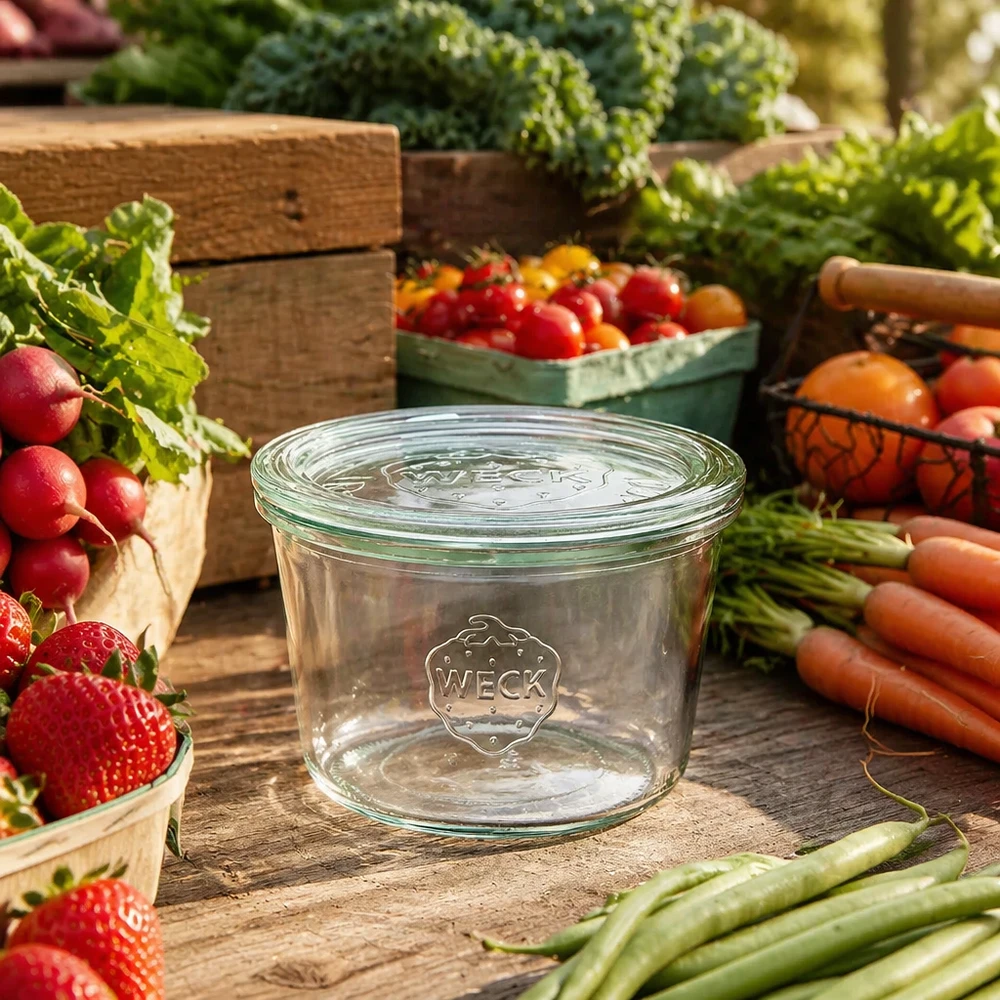 Tarro de cristal de 370 ml con tapa de cristal WECK RR100 Vasos WECK 370ml RR100 rodeados de frutas y verduras frescas sobre una mesa de madera como imagen de estilo de vida.