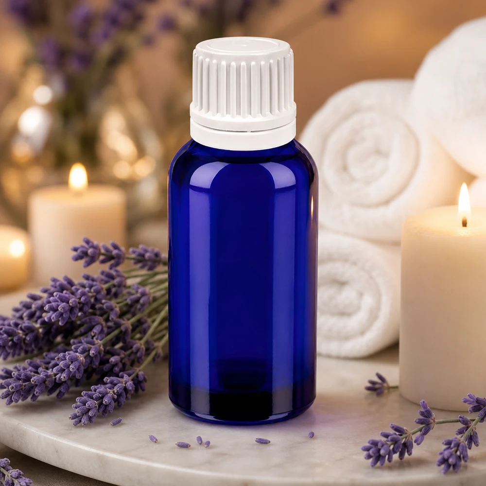 Elegante frasco de cristal azul de 30 ml con tapón blanco ideal para aceites esenciales y aromaterapia