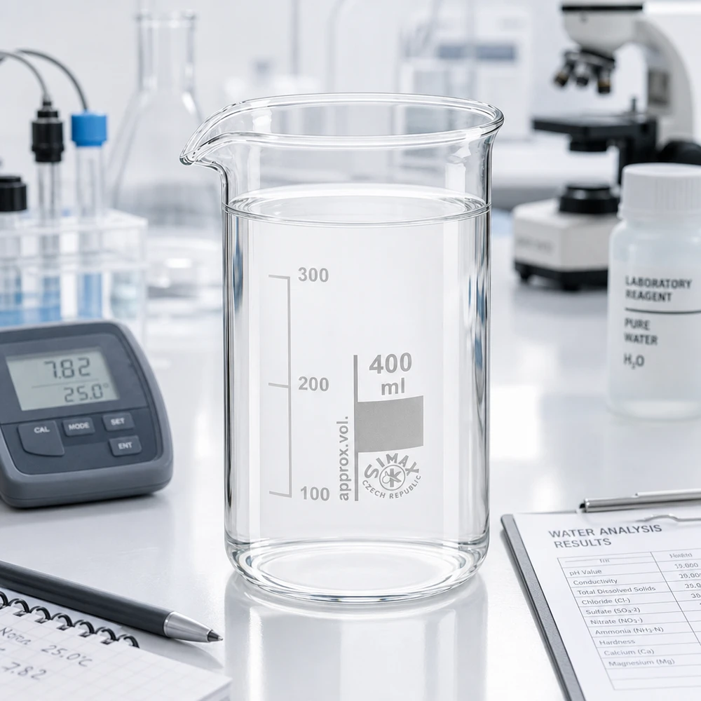 Vaso 400ml borosilicato, alto Vaso de precipitados transparente de 400 ml, de forma alta, con agua clara y un medidor de pH en el laboratorio