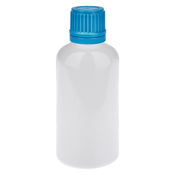 Botella de 50 ml con tapón de rosca azul de 11 mm, tapón de seguridad WhiteLine UT18/50 Botella de 50 ml con tapón de rosca azul de 11 mm, tapón de seguridad WhiteLine UT18/50