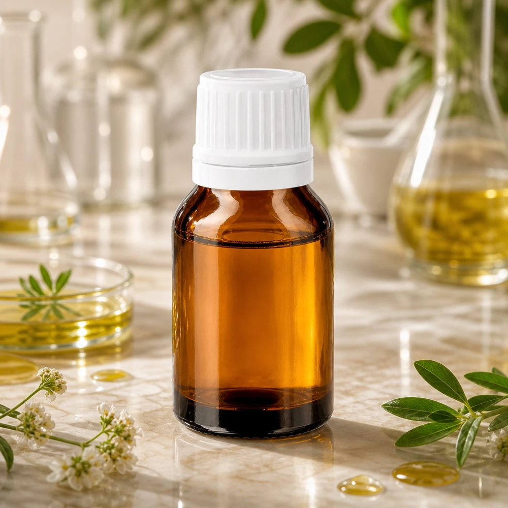 Botella de farmacia marrón 15ml tapón cuentagotas 1,2mm blanco cierre inviolable Frasco cuentagotas de 15 ml de color ámbar con tapón de rosca blanco sobre fondo de mármol, rodeado de plantas medicinales