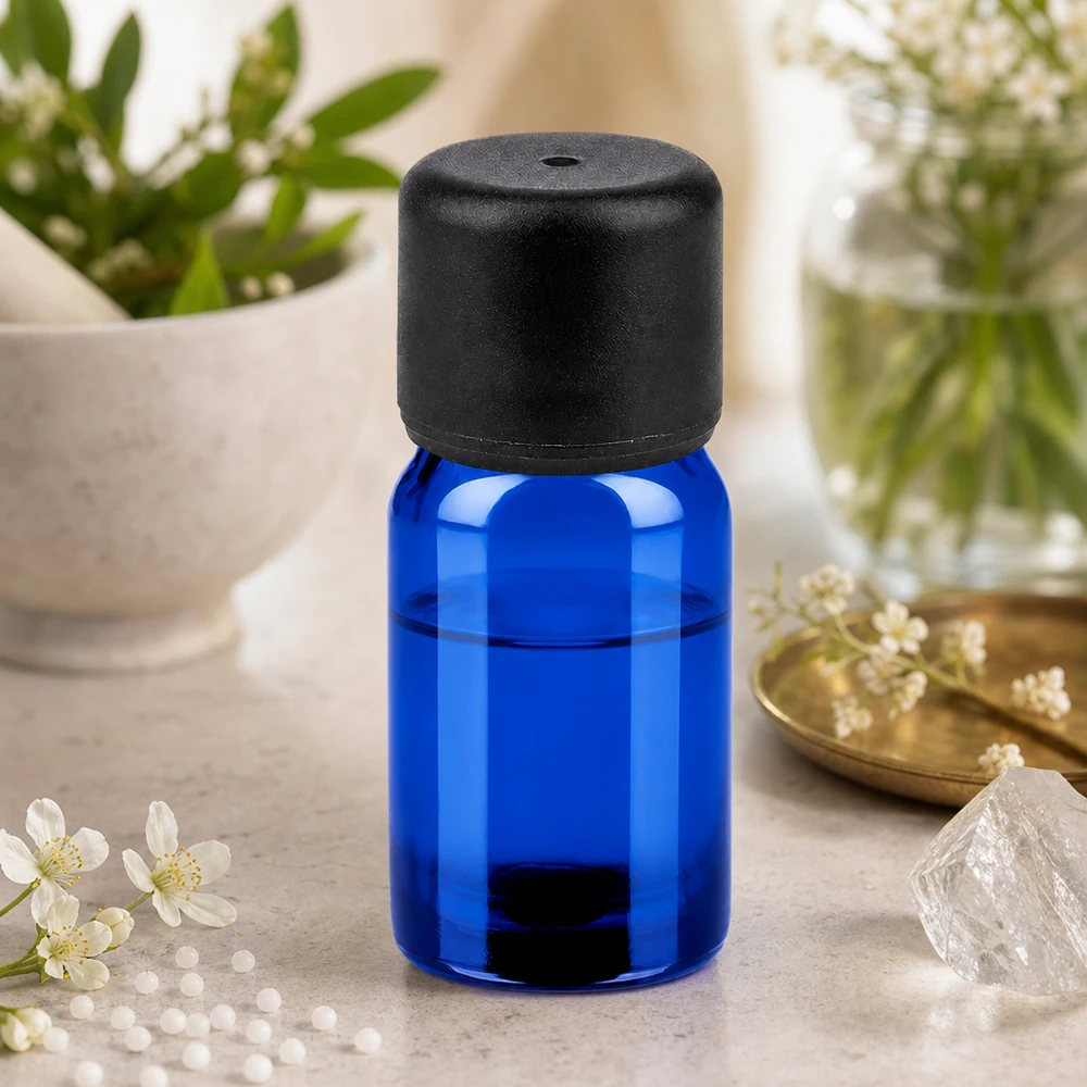 Frasco de 5 ml con tapón de rosca de 6 mm negro estándar BlueLine UT18/5 Frasco boticario de 5 ml de vidrio azul de alta calidad con tapón negro estándar para esencias