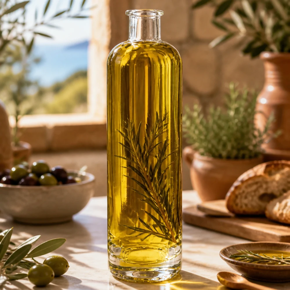 Botella de vidrio de 500 ml «Ella» sin tapón UNiTWIST® 500ml Glasflasche Ella mit Olivenöl und Rosmarin gefüllt in mediterraner Küche stylisches Infusion-Beispiel