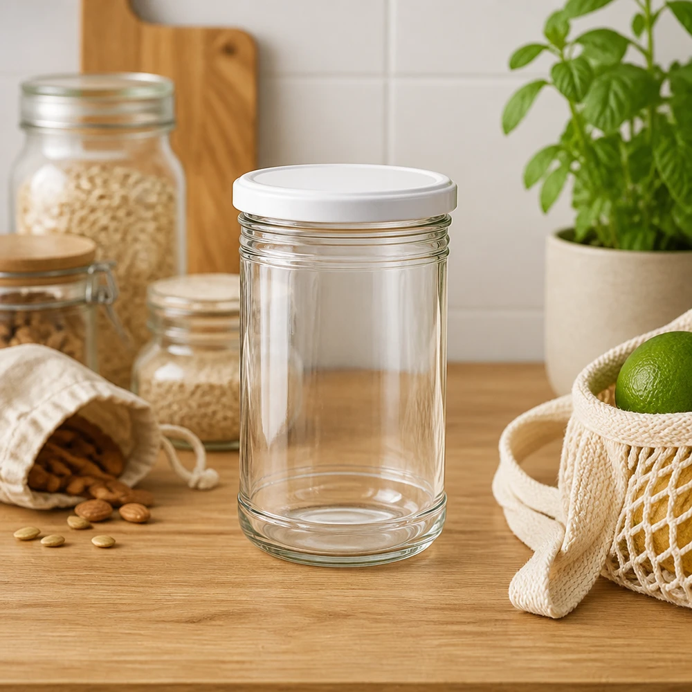 Vaso de 1053ml con tapa BasicSeal blanco UNiTWIST Vasos vacíos de 1053 ml sobre encimera de madera en cocina moderna con bolsa de malla para la compra y planta de albahaca Estilo de vida