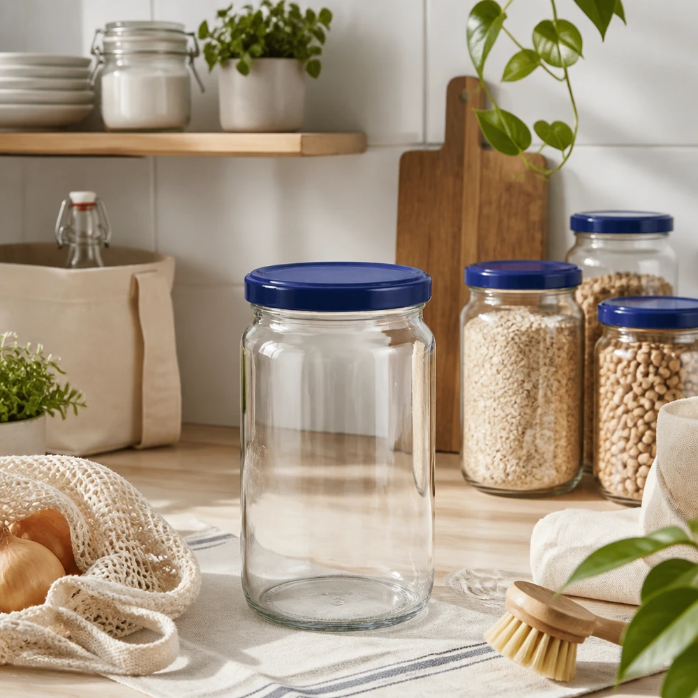 Tarro redondo vacío de 795 ml con tapa azul UNiTWIST en cocina sostenible con tarros de almacenaje y elementos de madera