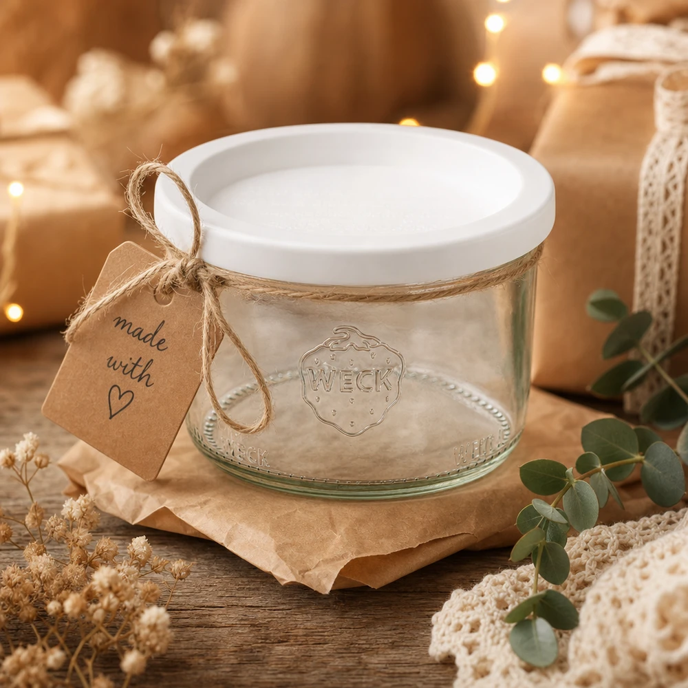 Vaso de 200ml con tapa de frescura WECK RR80 Vaso WECK 200ml RR80 de regalo decorado con cordón de yute y etiqueta Made with Love sobre una mesa de madera
