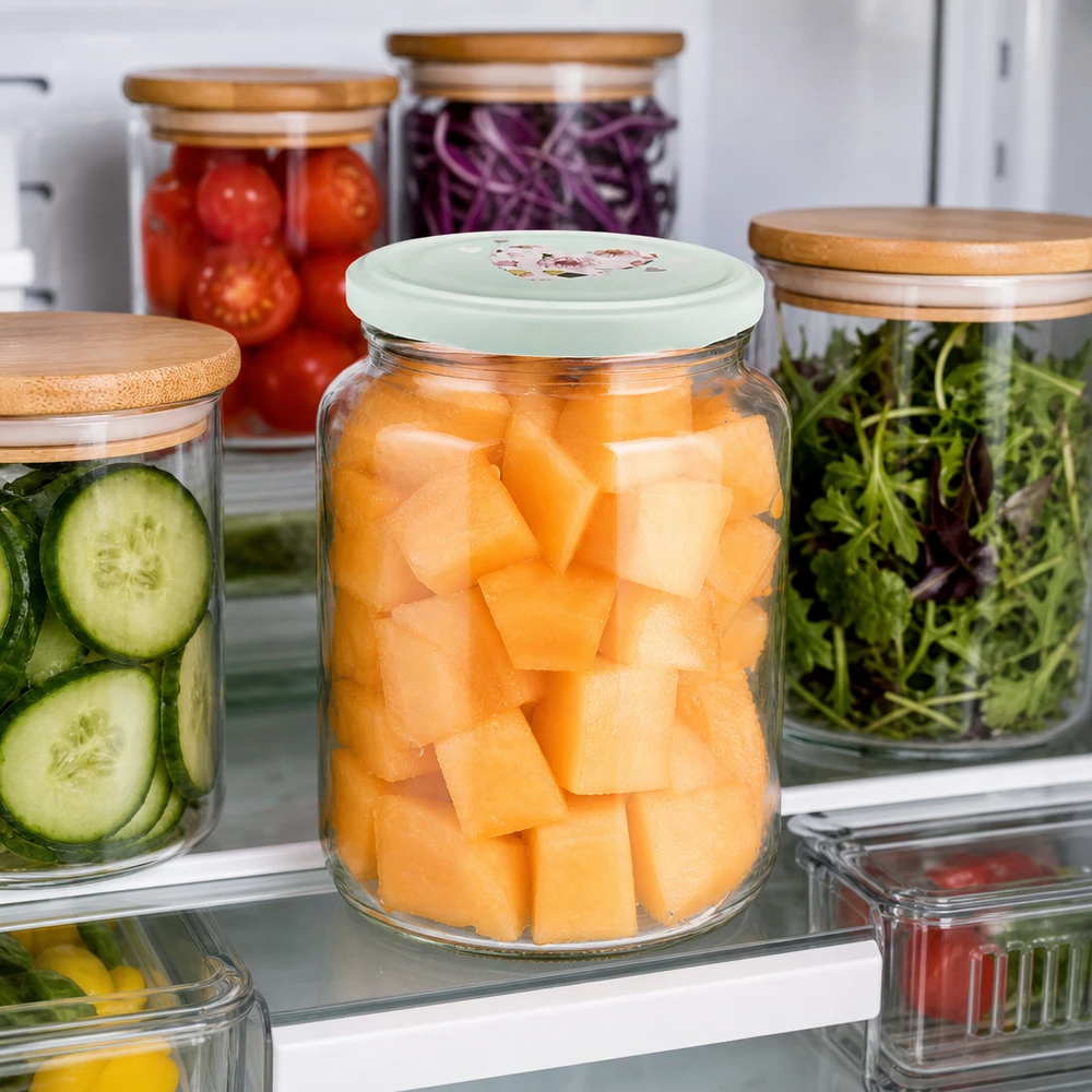 Tarro redondo de 795 ml con tapa de corazón de menta en la nevera con trozos de melón preparados junto a los tarros de almacenamiento Meal Prep