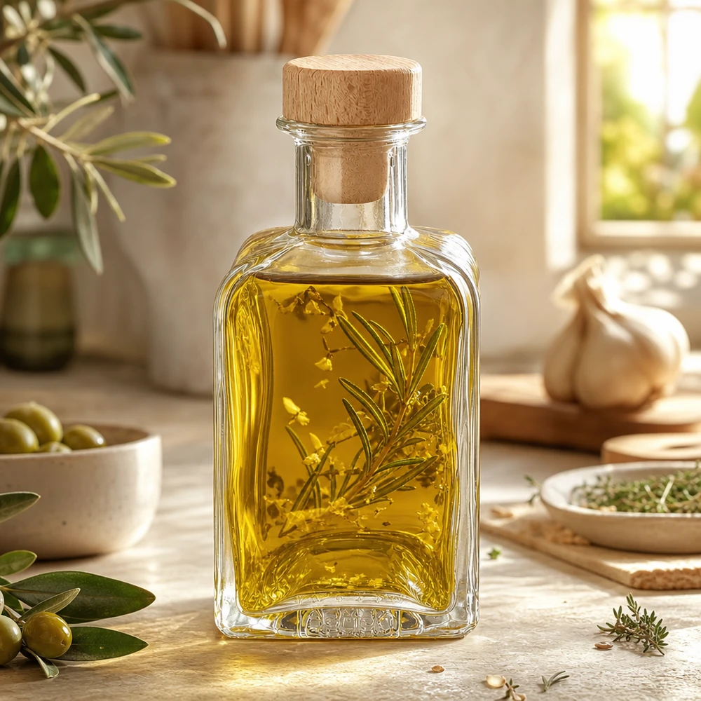 Botella de cristal de 200ml Clara llena de aceite de hierbas ramita de romero corcho de madera decoración de cocina aceites de especias mediterráneas