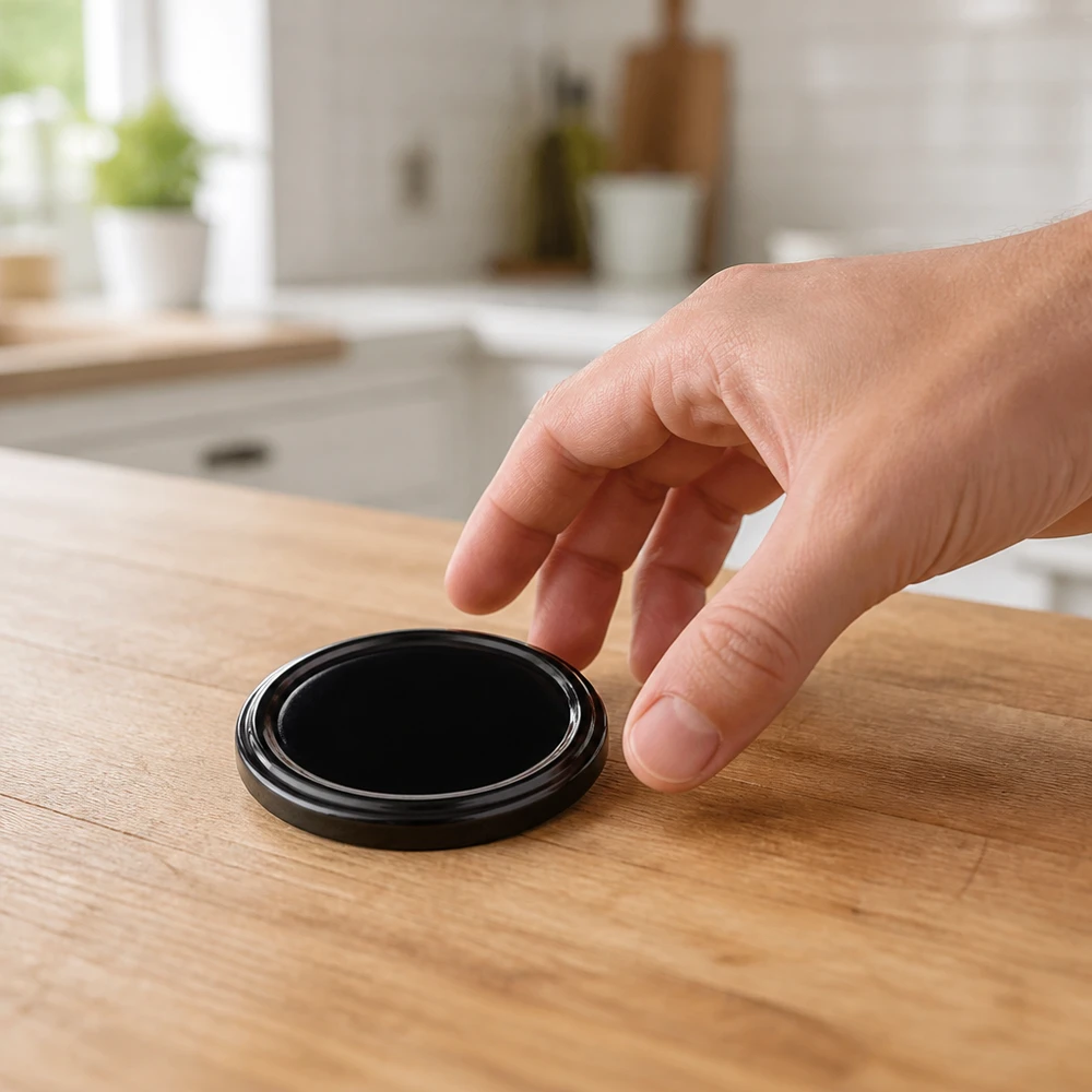 Tapa BasicSeal de 82 mm, negra (TO82) UNiTWIST Una mano coge una tapa negra BasicSeal de 82 mm (TO82 UNiTWIST) sobre la encimera de madera de la cocina.