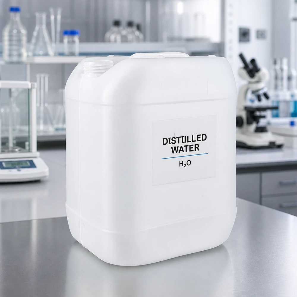 Bidón 20 litros sin tapón Agua destilada (H₂O) en bidones de plástico de 20 litros sin tapón, para uso en laboratorio