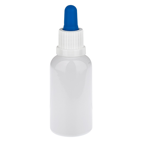 Frasco con pipeta de 30 ml, blanco/azul, tapón de seguridad WhiteLine UT18/30 Frasco con pipeta de 30 ml, blanco/azul, tapón de seguridad WhiteLine UT18/30