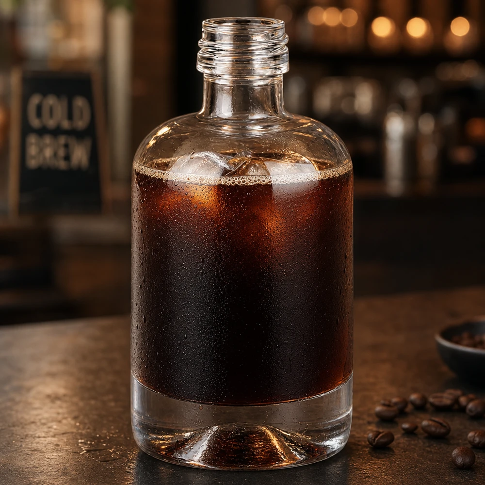 Botella de vidrio de 40 ml «Sara» sin tapón de rosca UNiTWIST® Botella de cristal Sara de 40 ml llena de café cold brew rodeada de granos de café en ambiente de cafetería sin tapón
