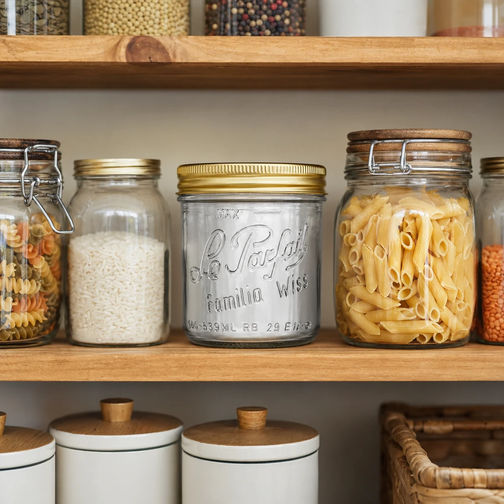 Familia Wiss 539ml vasos con tapa de oro en la despensa organizada entre frascos de pasta y arroz