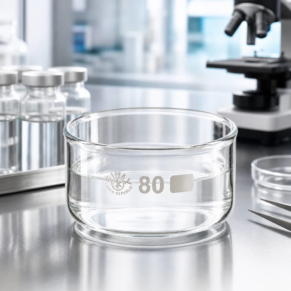 Cristalizador 150ml sin pico borosilicato ø80mm Bandeja de cristalización SIMAX de 150 ml en un laboratorio moderno, junto a un microscopio y viales de vidrio de 80 mm de diámetro