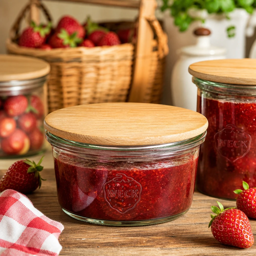Tarro mini WECK RR60 de 50ml con tapa de madera WECK mini mason jar 50ml lleno de mermelada de fresa y tapa de bambú en cocina rústica con fresas frescas
