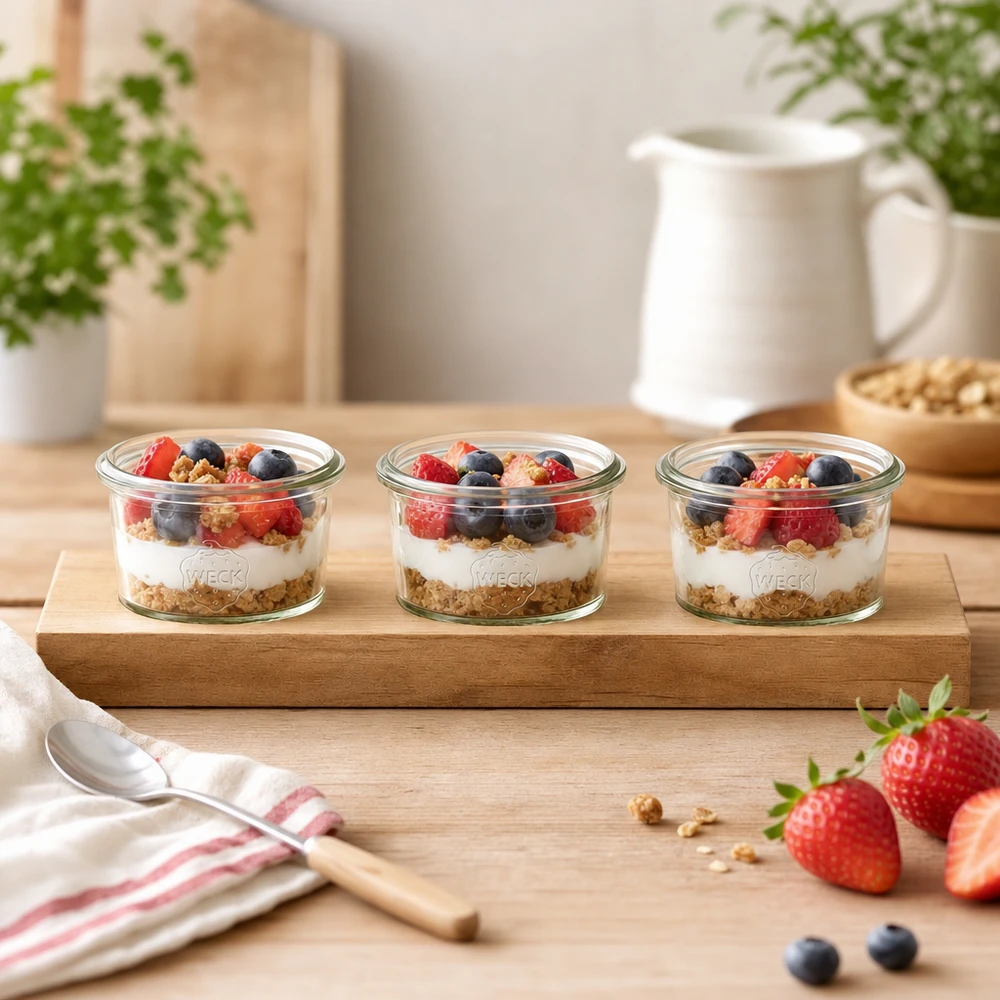 Tabla de servir de madera Plano3 con vasos Weck de 80 ml como parfait de yogur con bayas y granola en una cocina luminosa