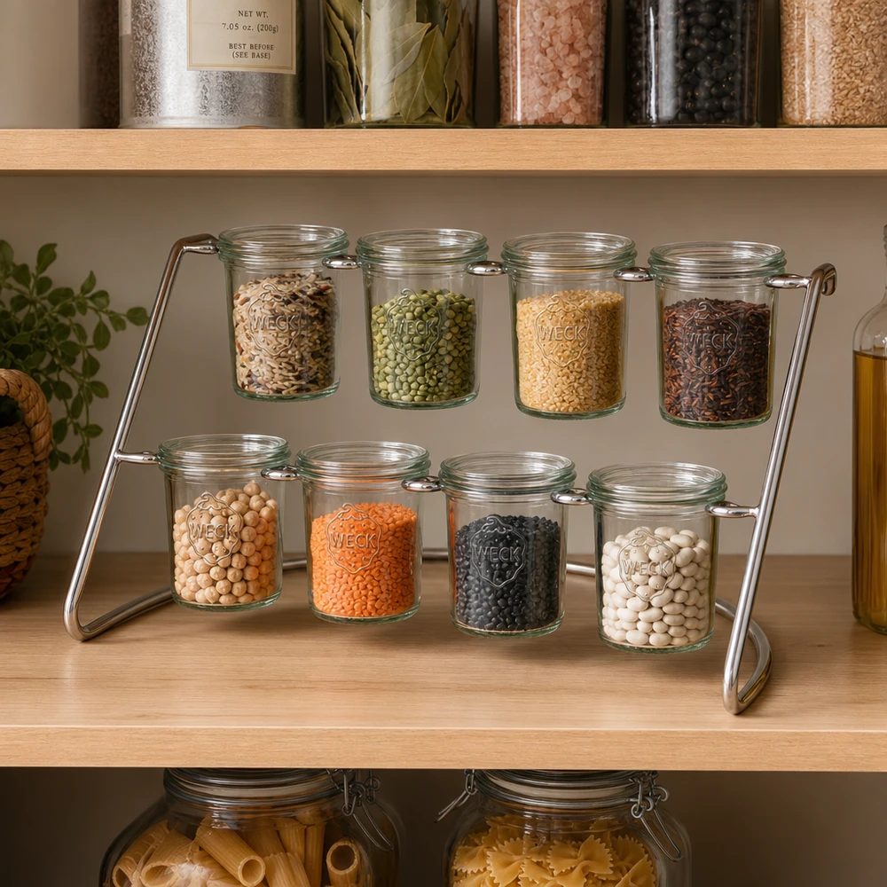 Portavasos Flato8 para 8 vasos WECK Bandeja Flato8 para almacenar legumbres y cereales en tarros WECK en la despensa