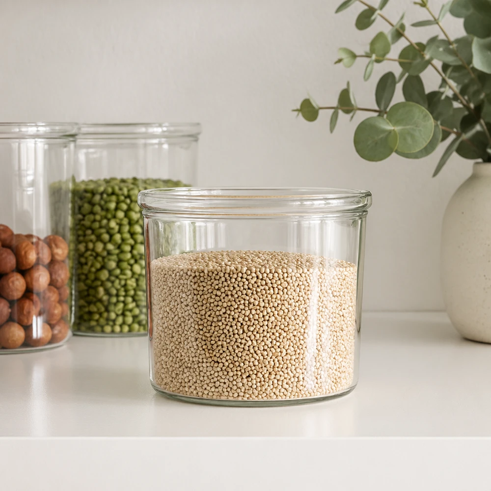 Tarro de almacenamiento WECK RR40 de 35 ml lleno de quinoa junto a otros tarros de almacenamiento con legumbres en la cocina moderna