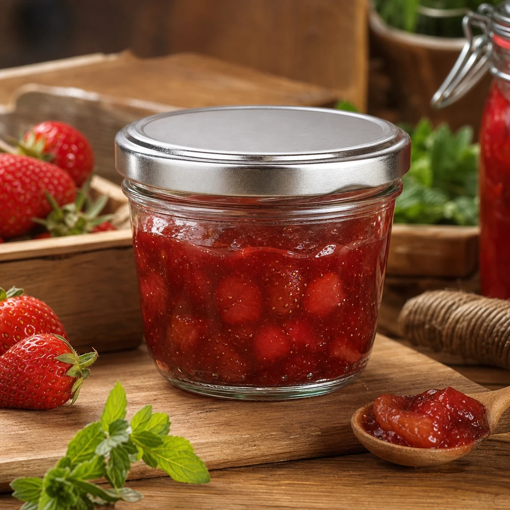 tarro de cristal de 230 ml con tapa BasicSeal plateada lleno de mermelada de fresa mermelada sobre una tabla de madera con fresas frescas