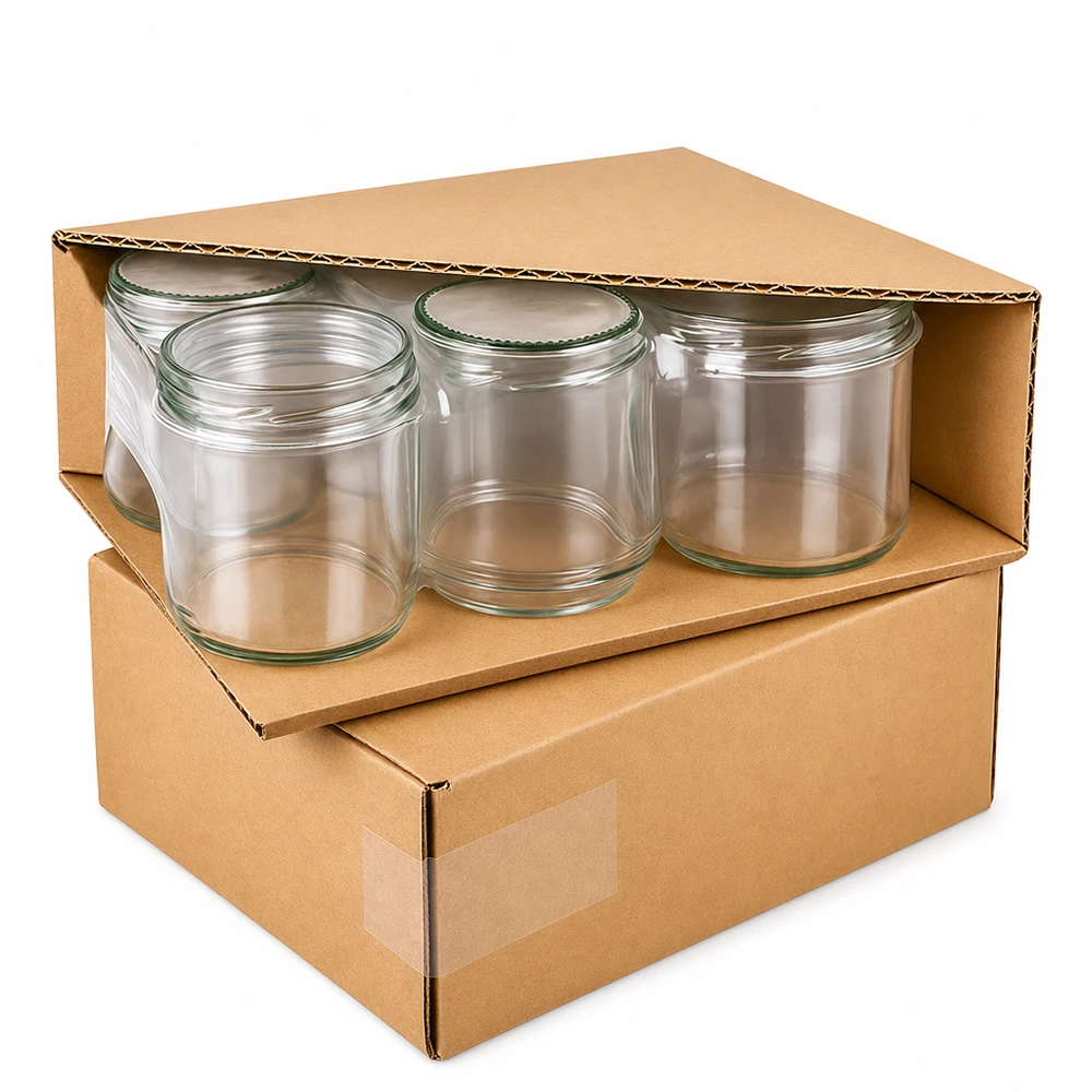 Tarro redondo 795ml + tapa BasicSeal flor menta UNiTWIST Envasado de tarros redondos de 795 ml con tapas de flor de menta en caja de cartón, entrega profesional de tarros de conserva