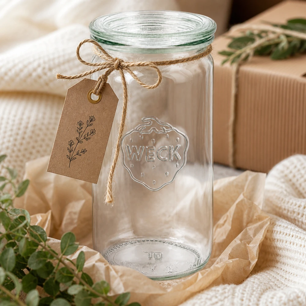 Tarro cilíndrico de 340ml con tapa de cristal WECK RR60 Tarro cilíndrico WECK 340ml RR60 decorativo con cordón de yute y etiqueta como envase de regalo sobre textil beige