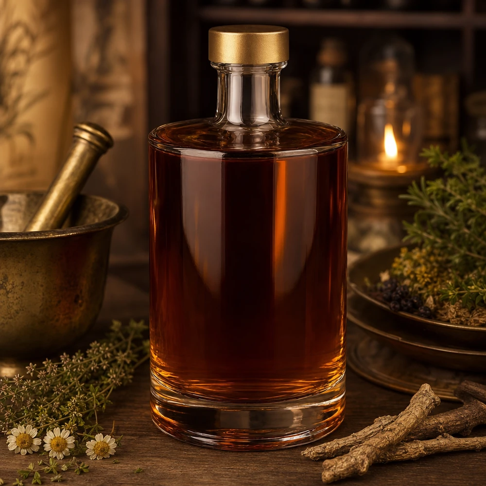 Botella de cristal de 500 ml Sam con tapón dorado UNiTWIST llena de líquido marrón decoración de hierbas rústicas